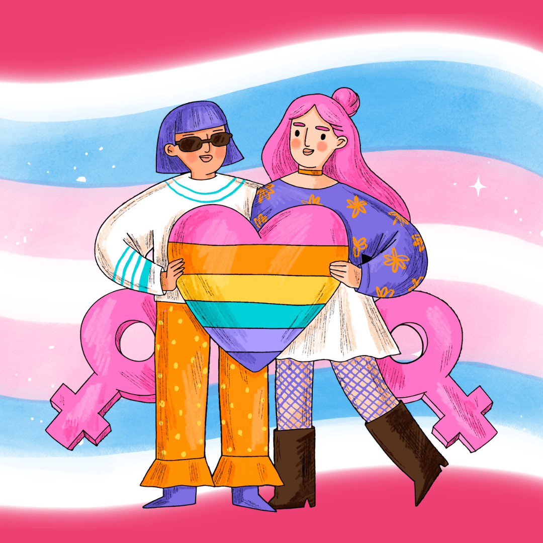 Illustratie van twee vrouwen voor een transgender vlag met een hart in de kleuren van de LHBTQIA+-vlag in hun handen