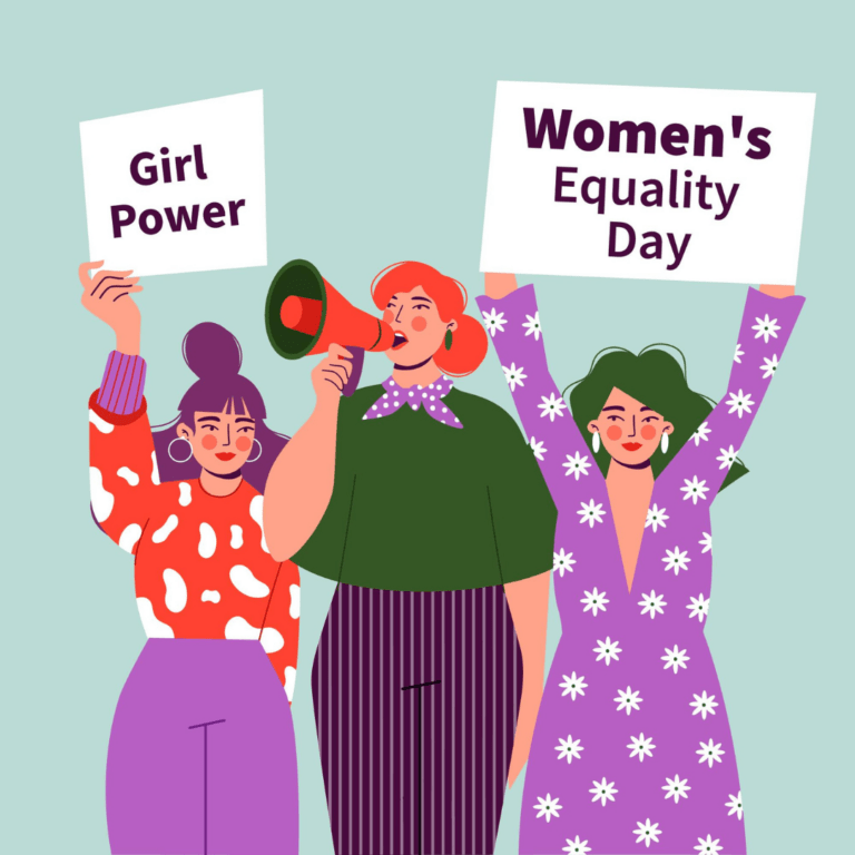 Illustratie van drie witte vrouwen die protesteren met borden met feministische boodschappen