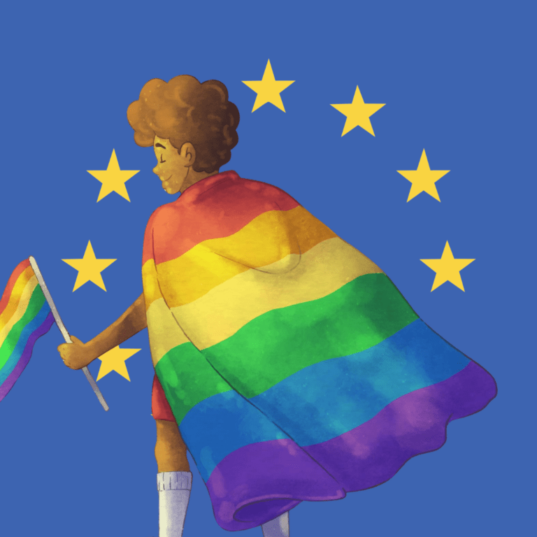 Illustratie van een persoon met een pride-vlag om diens nek en een pride-vlag in diens hand. De persoon staat voor de Europese vlag.