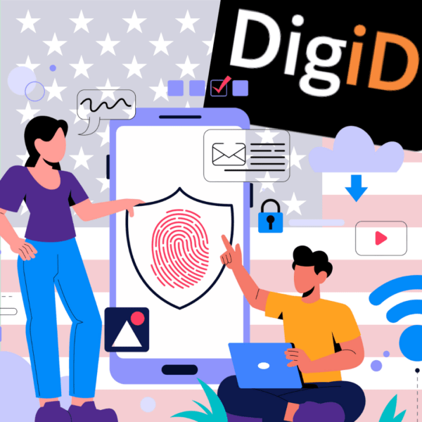 Illustratie van twee mensen die voor een telefoon zitten met een vingerafdruk erop. Om hen heen zijn symbolen van online veiligheid te zien en het DigiD-logo. Op de achtergrond is de Amerikaanse vlag afgebeeld.