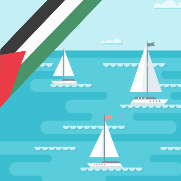 Illustratie van zeilboten op het water met daaroverheen een Palestijnse vlag