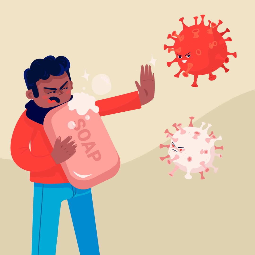 Illustratie van een persoon die een stuk zeep vast heeft en twee virus deeltjes wegduwt met diens hand.