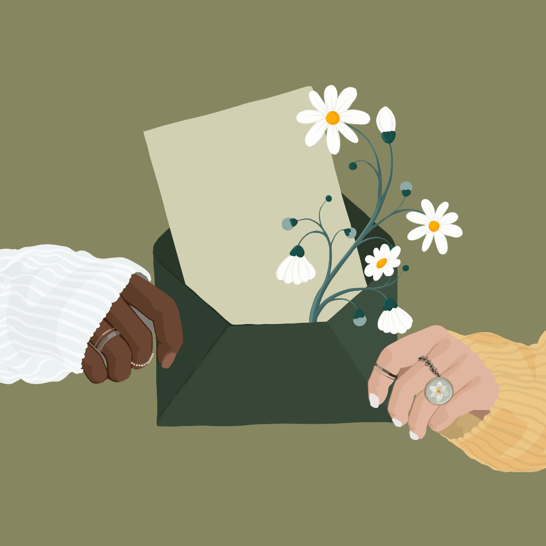 Illustratie van een persoon die een andere persoon een brief geeft. Bij de brief zitten bloemen in de envelop.