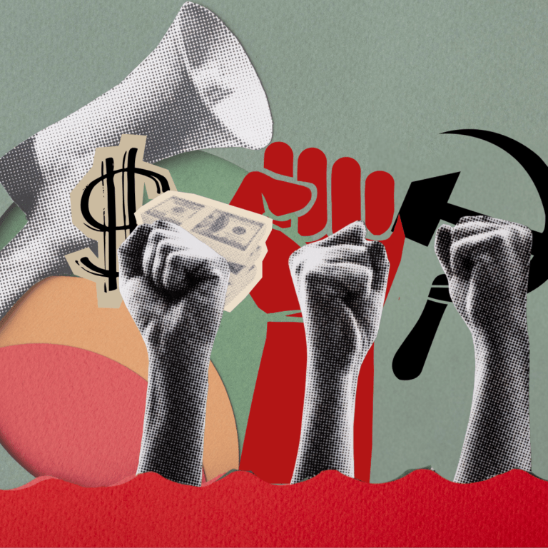 Illustratie van drie vuisten die omhoog steken met daarachter een megafoon, geld, een rode vuist en een hamer en sikkel.