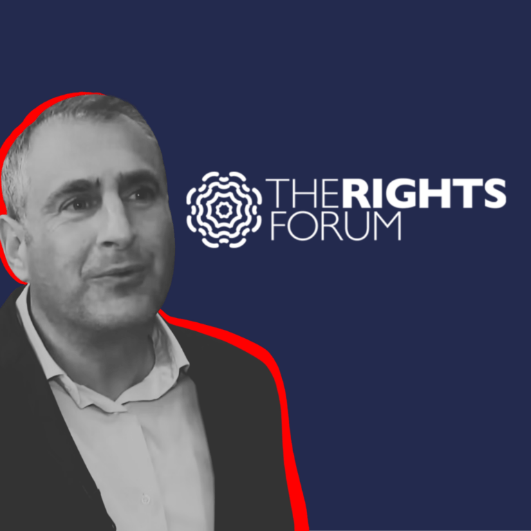 Logo van The Rights Forum met daarnaast een foto van Gidi Markuszower