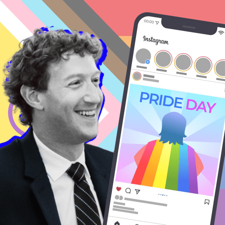 Illustratie van een telefoon met een Instagram-homepage waarop een pride-post te zien is. Naast de telefoon zie je een foto van Mark Zuckerberg. Op de achtergrond is een pride vlag te zien.