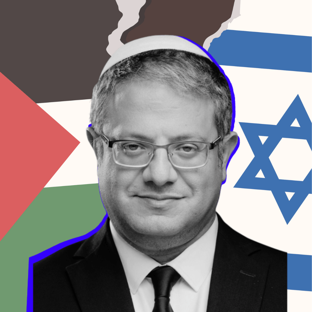 Itamar Ben-Gvir voor een Israëlische en Palestijnse vlag met een scheur ertussen