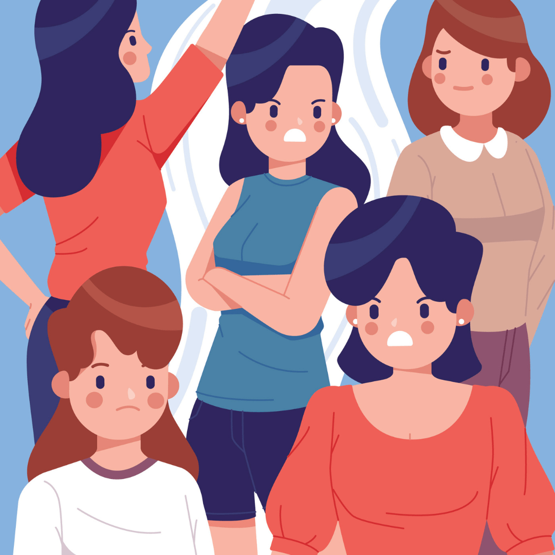 Illustratie van vrouwen die boos naar een andere vrouw kijken