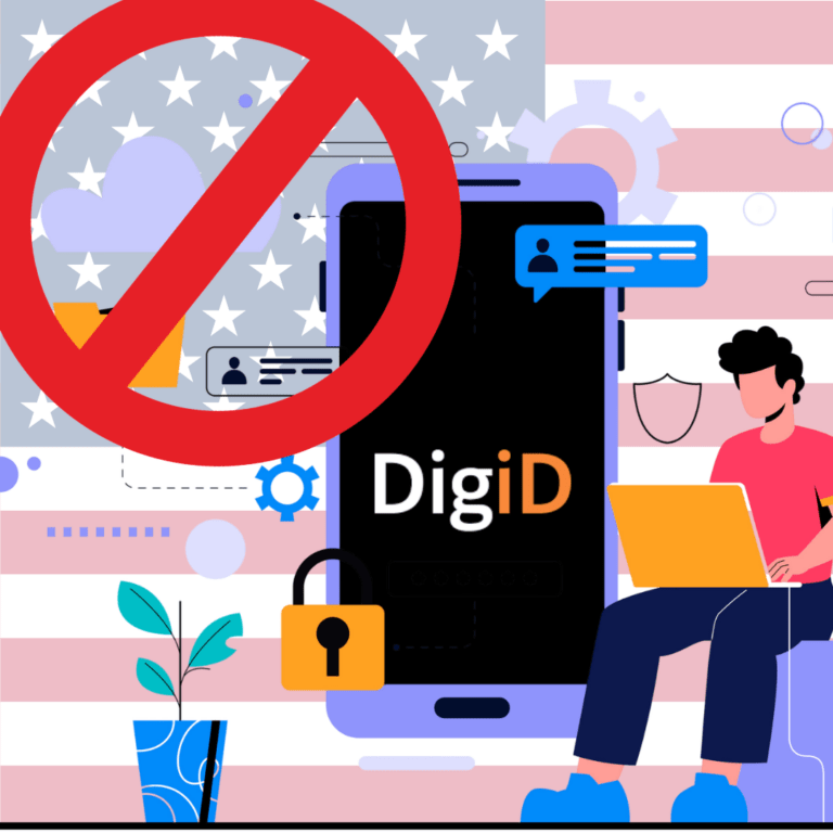 Illustratie van een telefoon met daarop het DigiD-logo en een grote rode cirkel met streep erdoor ernaast.