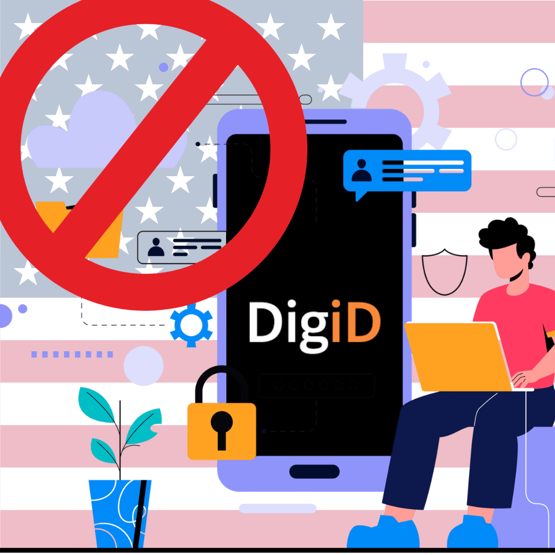 Illustratie van een telefoon met daarop het DigiD-logo en een grote rode cirkel met streep erdoor ernaast.