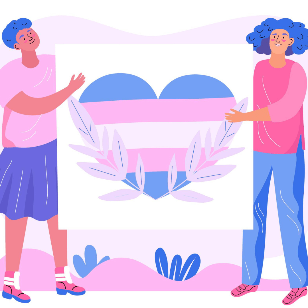 Illustratie van twee personen die een poster met een hart erop omhoog houden. Het hart is in de kleuren van de trans vlag.