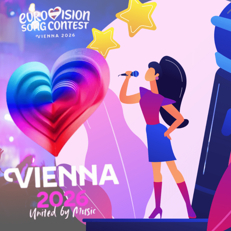 Illustratie van een persoon die zingt op een podium met microfoon, ernaast is het Eurovision 2026-logo te zien