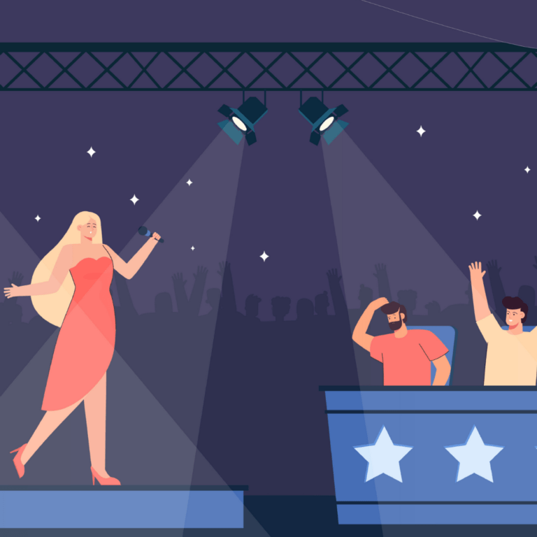 Illustratie van een persoon die achter een microfoon op een podium staat. Tegenover het podium is een jury te zien die juicht.