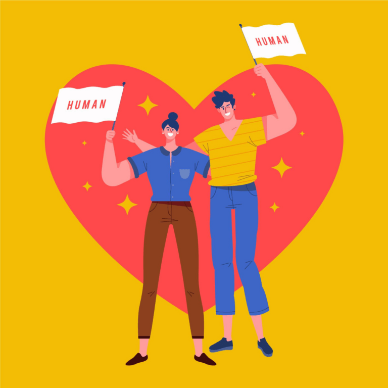 illustratie van twee mensen die voor een hart staan en vlaggetjes omhoog houden met 'human' erop.