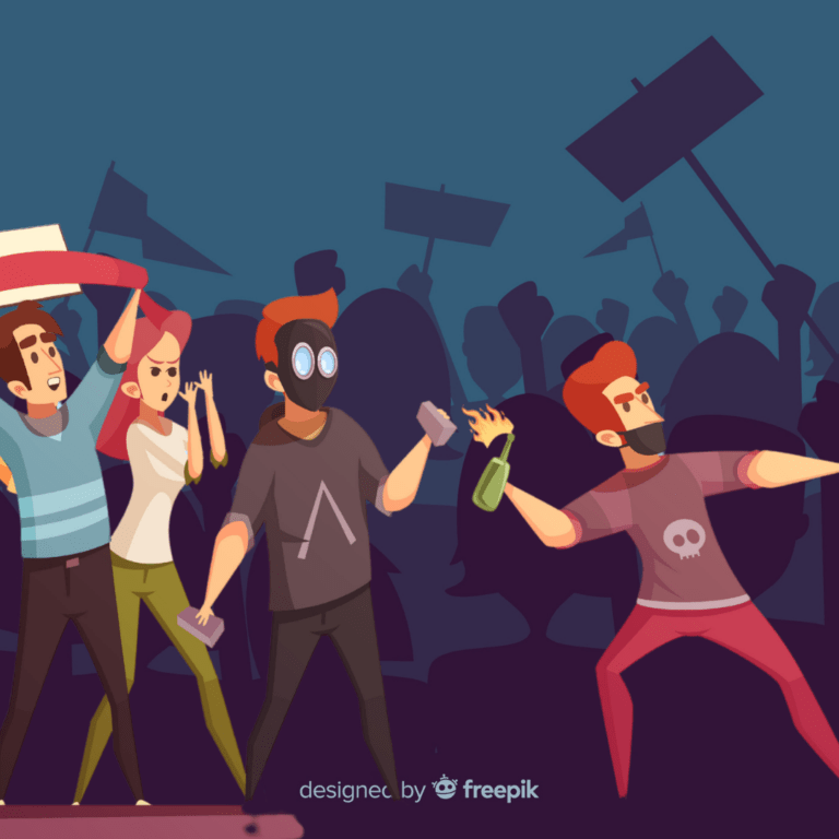 Illustratie mensen die protesten en daarbij bakstenen en een molotov-cocktail vasthebben.