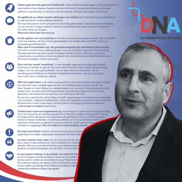 Markuszower met op de achtergrond het logo van DNA en het statement dat op Twitter geplaatst werd.