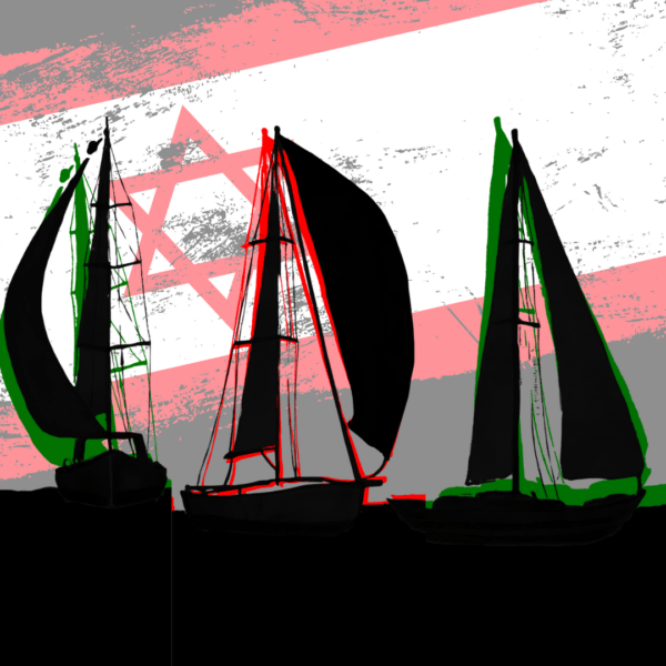 Drie schaduwen van zeilboten voor een rode Israëlische vlag