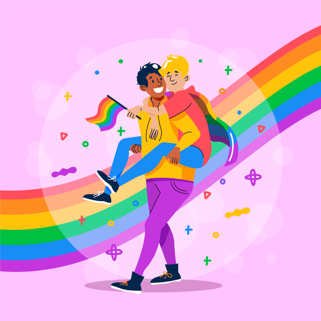 Illustratie van twee personen voor een pride vlag. De ene persoon zit op de andere persoon's rug, omhelst de andere en heeft een pride vlag vast.