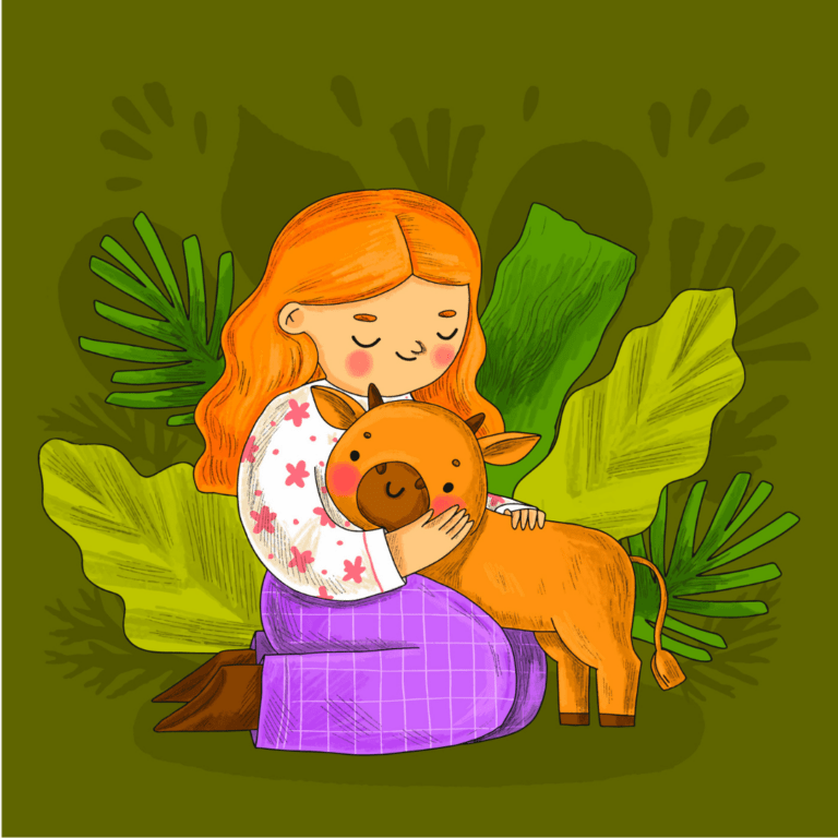 Person hugging a cow in a field of green