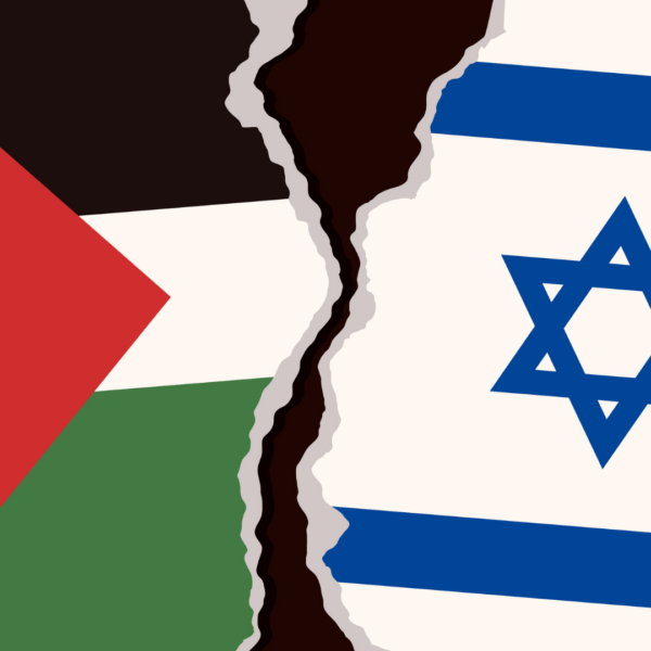 Illustratie van Palestijnse vlag en Israëlische vlag met een scheur er tussen.