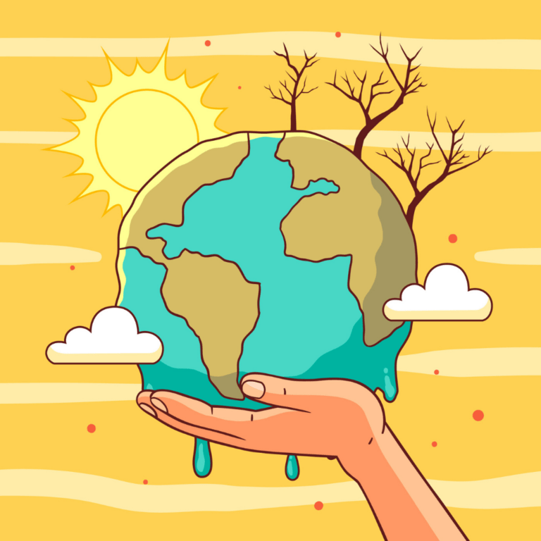 Illustratie van een aardbol vastgehouden door een hand. De achtergrond is geel en er staan dorre bomen op de aarde. De zon schijnt fel. Aan de onderkant van de aarde lekt water.