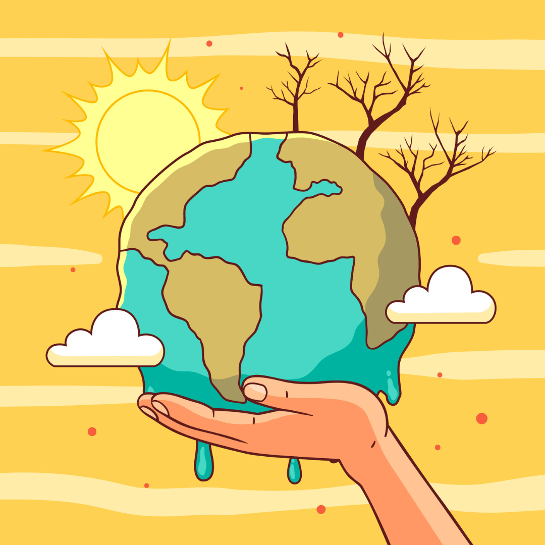 Illustratie van een aardbol vastgehouden door een hand. De achtergrond is geel en er staan dorre bomen op de aarde. De zon schijnt fel. Aan de onderkant van de aarde lekt water.