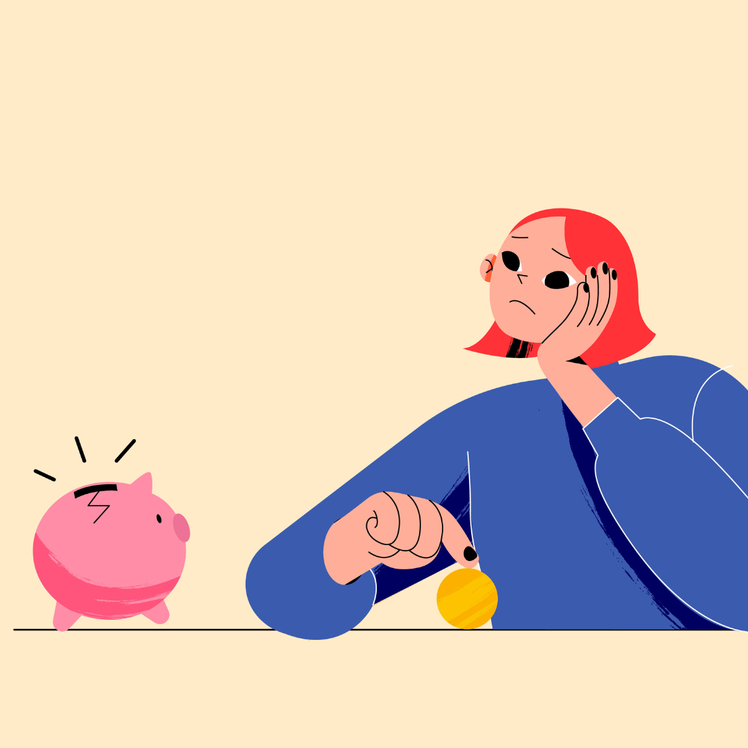 Illustratie van iemand die naast een gebroken spaarpot zit met een muntje in diens hand. De persoon kijkt moedeloos en heeft een arm onder diens hoofd.