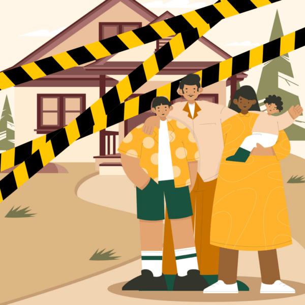 Illustratie van een huis met politietape ervoor, voor het huis staat een gezin.