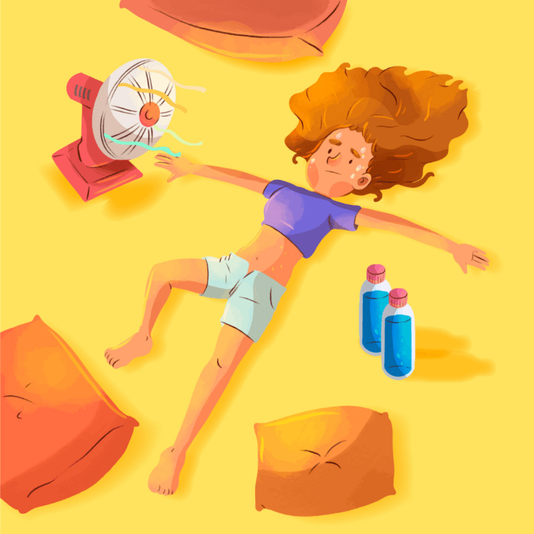 Illustratie van iemand die op de grond ligt, omringt door een ventilator en flessen water
