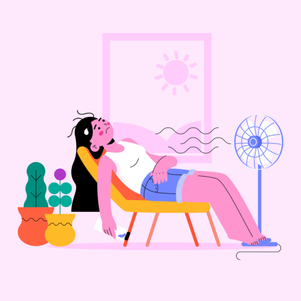 illustratie van persoon die op een stoel voor een ventilator hangt terwijl de zon buiten schijnt. De persoon zweet.