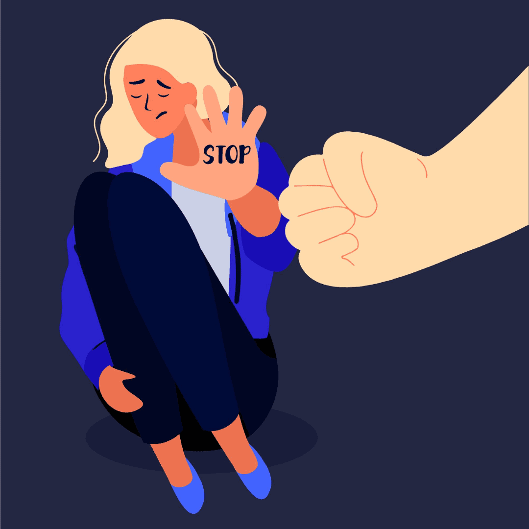 illustratie van een persoon die op de grond zit, in elkaar gedoken. Een hand is uitgestoken met daarop geschreven 'stop'. Op de voorgrond is een gebalde vuist te zien.