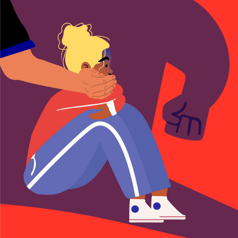 Illustratie van een persoon die op de grond zit terwijl diens mond gesnoerd wordt met een hand. Op de achtergrond is een gebalde vuist te zien.
