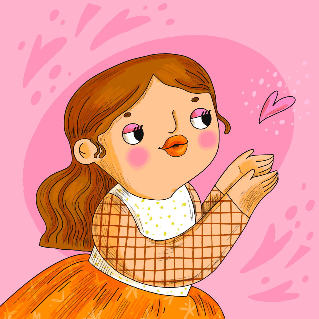 Illustratie van een kind met makeup op die een hartje wegblaast.
