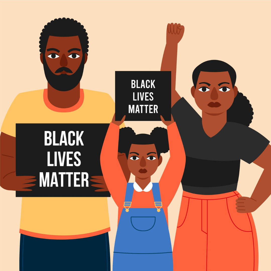 illusratie van een gezin dat protesteert met borden in hun handen waarop staat "black lives matter"