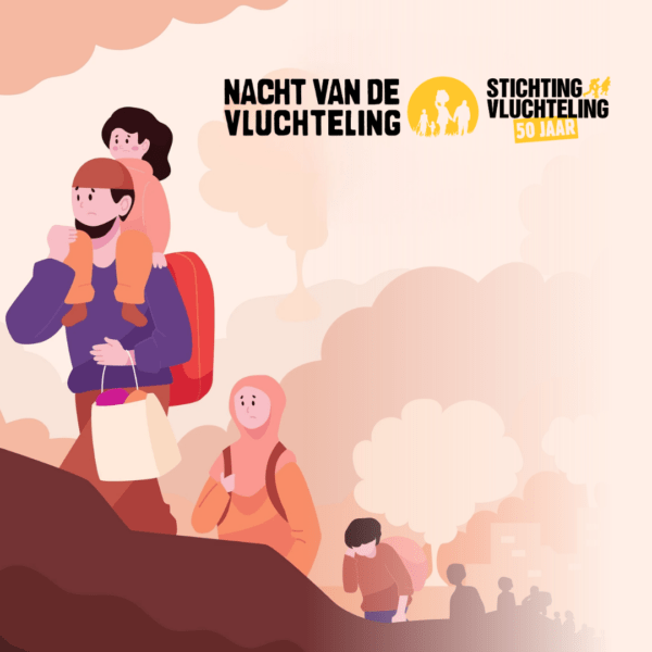 Illustratie van vluchtende mensen die een berg oplopen, weg van een stad. In de hoek is het logo van de Nacht van de Vluchteling te zien.