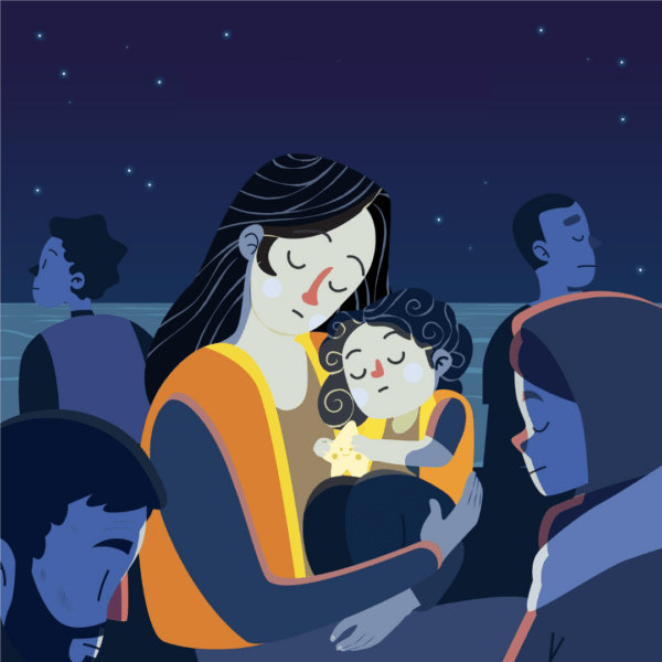 Illustratie van een moeder met kind die elkaar vasthouden. Om hen heen zijn schaduwen van mensen te zien.