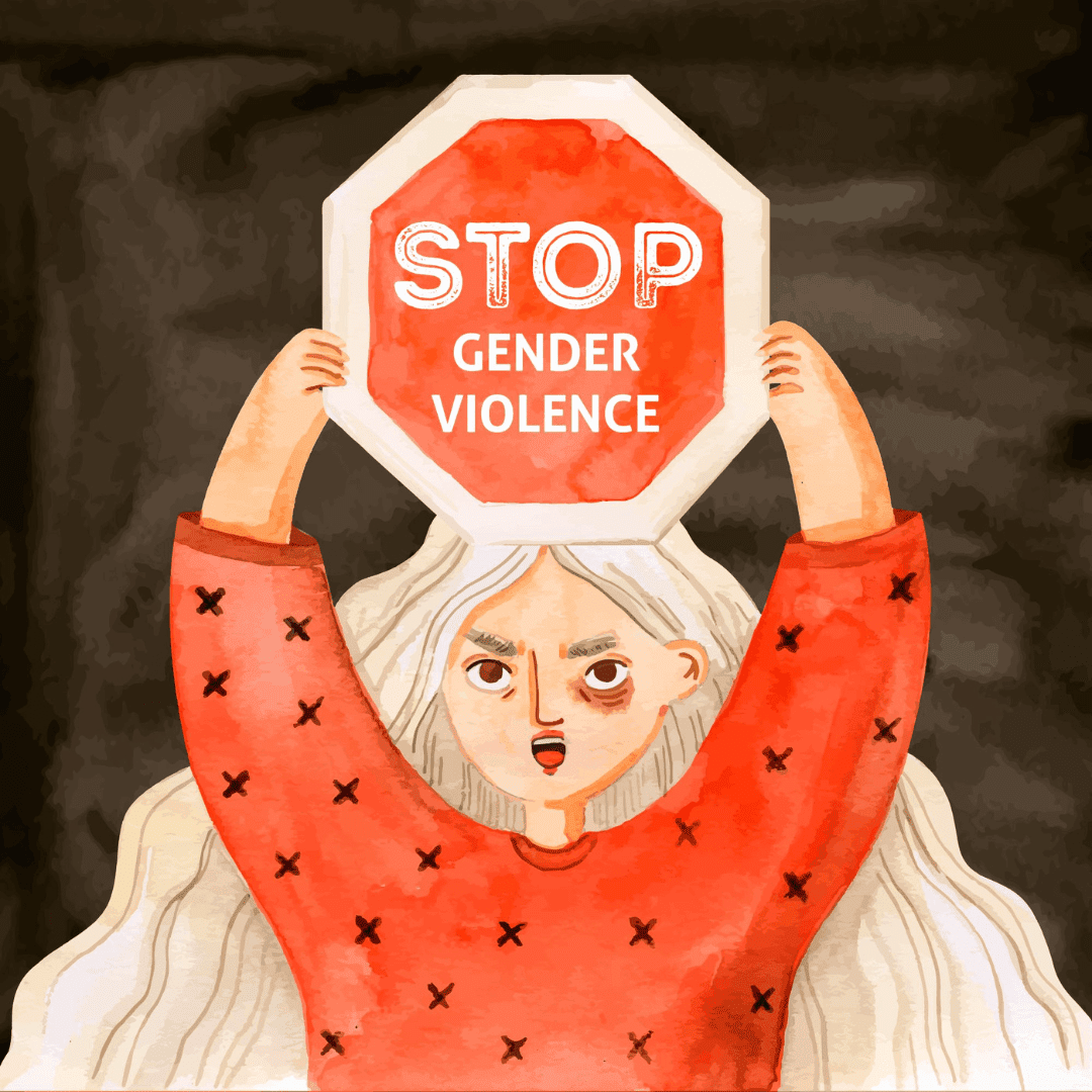 Illustratie van een persoon met een stopbord boven hun hoofd waar op staat "stop gender violence"