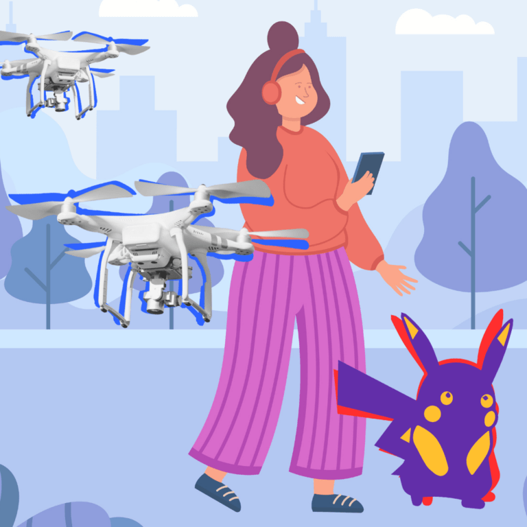 Illustratie van iemand die buiten loopt met diens telefoon in handen. Voor hen is een schaduw van een Pikachu te zien. Om hen heen zijn drones te zien.