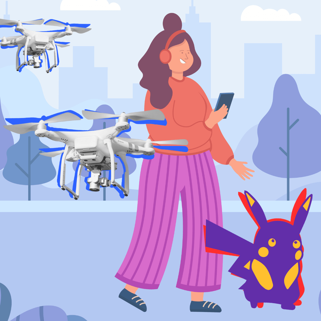 Illustratie van iemand die buiten loopt met diens telefoon in handen. Voor hen is een schaduw van een Pikachu te zien. Om hen heen zijn drones te zien.