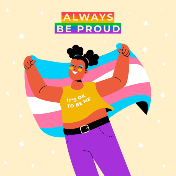 Illustratie van een persoon met een trans vlag en een shirt met 'It's OK to be me'. Bovenaan staat 'Always be proud'.