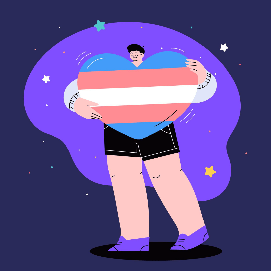 Illustratie van een persoon die een hart vasthoudt en knuffelt. Het hart heeft de kleuren van de trans vlag.