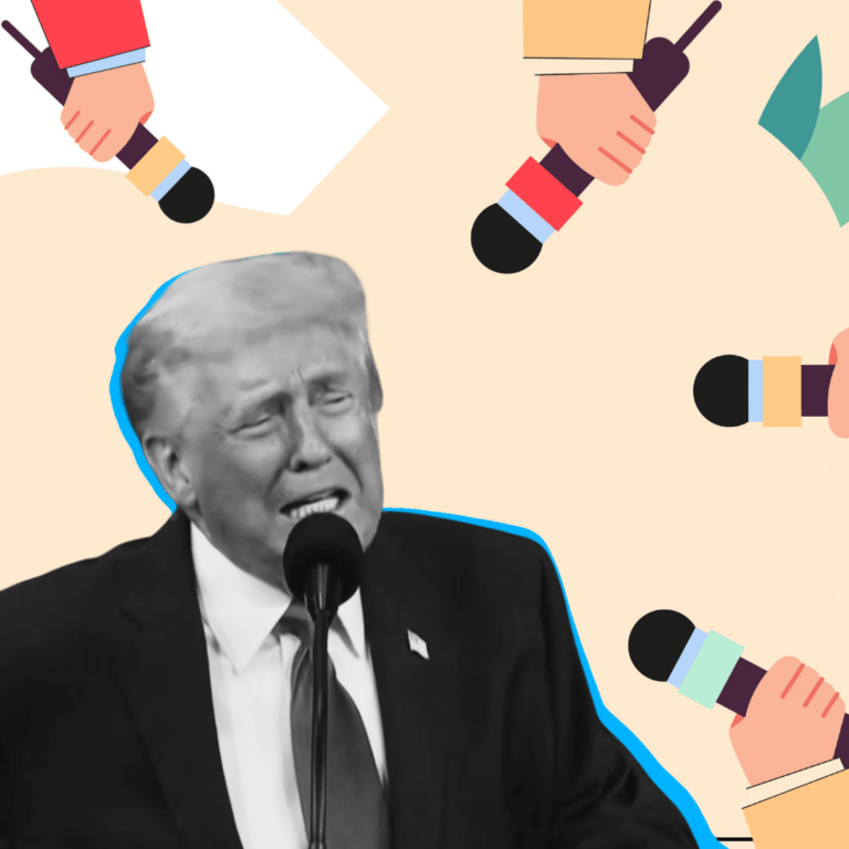 Illustratie verschillende handen die een microfoon vasthouden. Daartussen is een foto van Trump die in een microfoon praat, te zien.