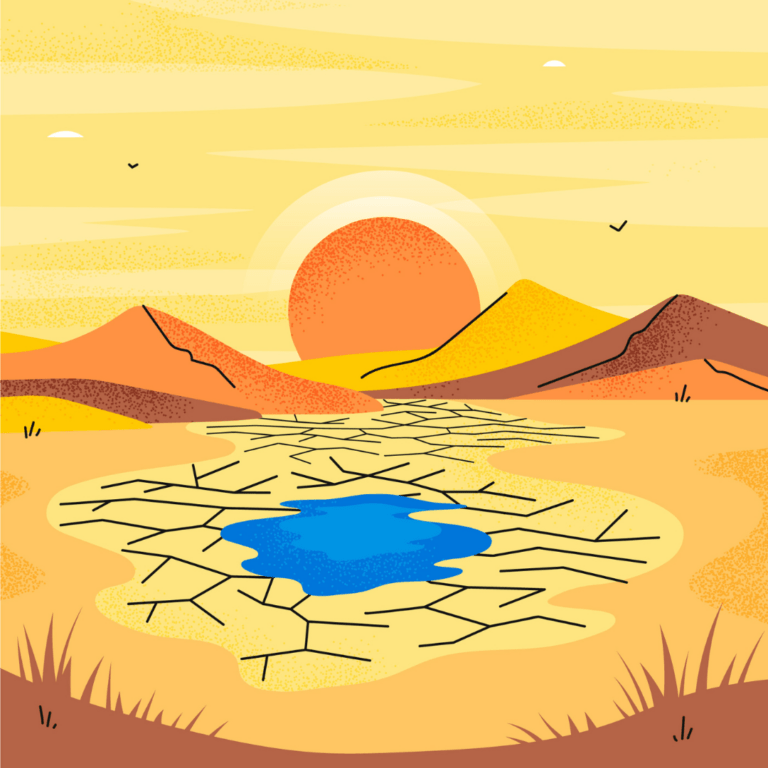 Illustratie van een droge vlakte met een klein beetje water. Op de achtergrond is een brandende zon te zien.
