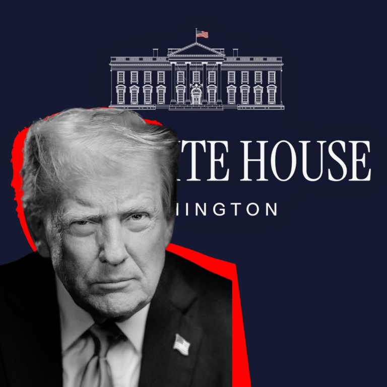 Logo van het witte huis met op de voorgrond een foto van Donald Trump