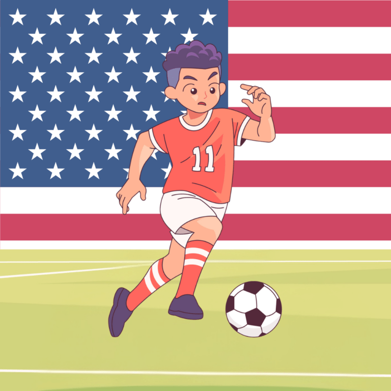 Illustratie van een voetballer voor een Amerikaanse vlag