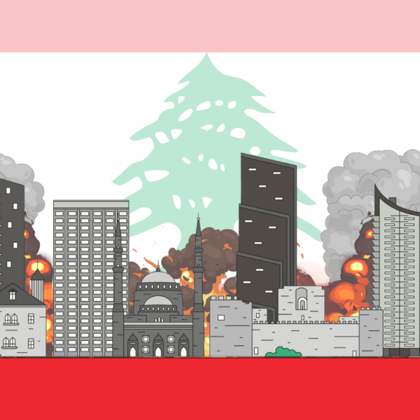Een illustratie van Libanon met rook en bominslagen. Op de achtergrond is de vlag van Libanon te zien.
