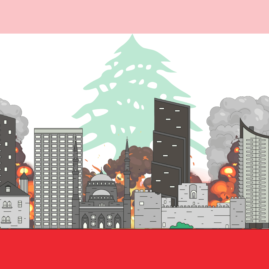 Een illustratie van Libanon met rook en bominslagen. Op de achtergrond is de vlag van Libanon te zien.