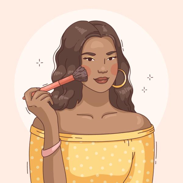 Illustratie van een vrouw die make-up op doet en er verzorgd en mooi uit ziet.