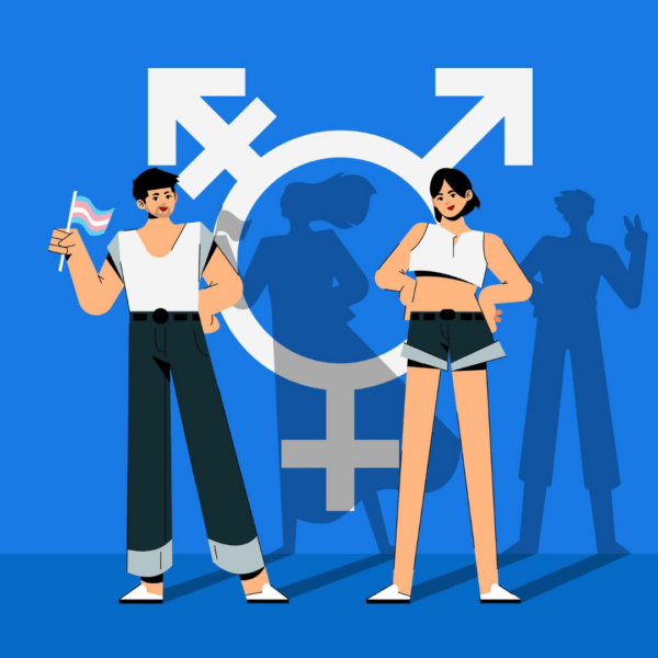 Illustratie van het symbool voor man/vrouw en trans. Ervoor staan twee personen waarvan een een trans vlag vast heeft.