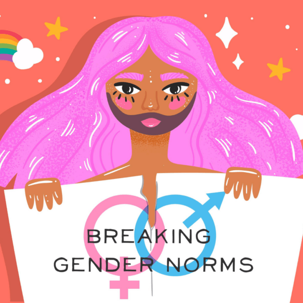 Illustratie van een persoon met lang roze haar en een baard, die een poster vasthoudt met de twee symbolen van gender erop. De persoon scheurt de poster in het midden.